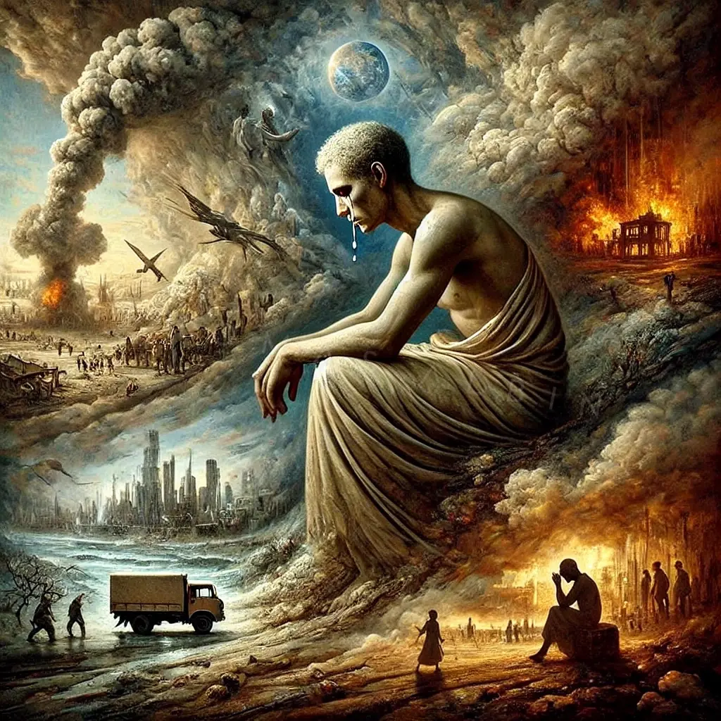 A solitary seated figure surrounded by smoke, fire and a damaged landscape