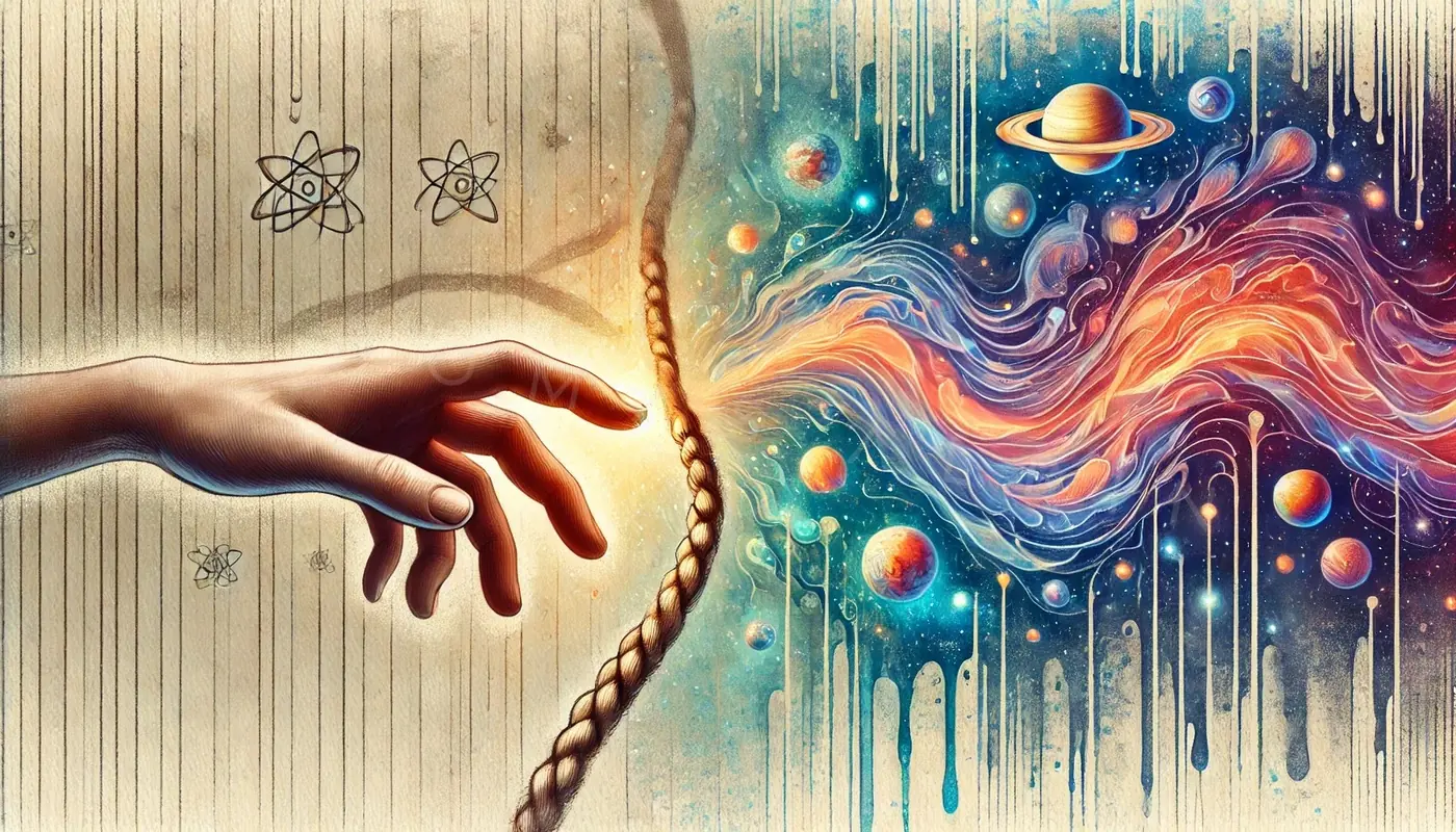 A hand reaches toward a rope that opens into a field of atoms, planets and flowing cosmic forms